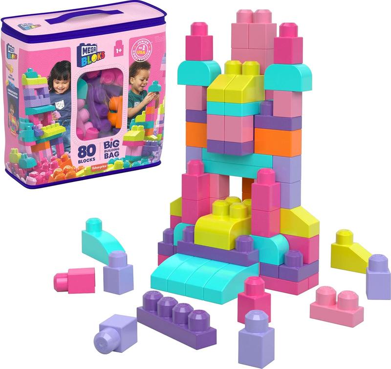 First Builders Toddler Blocks Toys Set, Big Building Bag with 80 Pieces and Storage, Pink, Ages 1+ Years