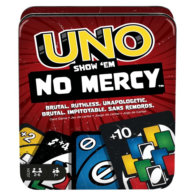 Mattel Games UNO Show ‘em No Mercy Card Game in Storage & Travel Tin for Kids, Adults & Family Night with Extra Cards, Special Rules & Tougher Penalties ( Exclusive)