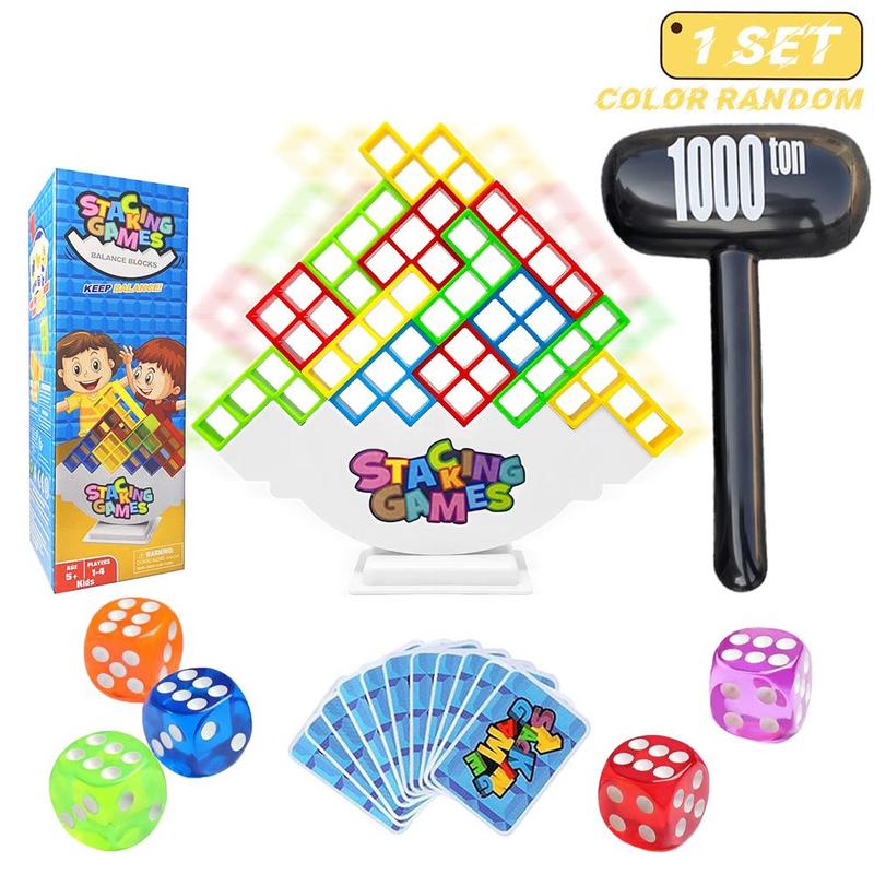 Random Color Balance Stacking Game Set with Dices and Hammer Shaped Balloon, 1 Set Stack Attack Game for Kids, Adults, Travel, Holiday Gifts for Party