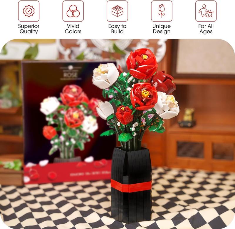 818 PCS Rose Flowers DIY Bouquet Building Set with Vase for Kids and Adults - Christmas, Valentines, Birthdays Gift