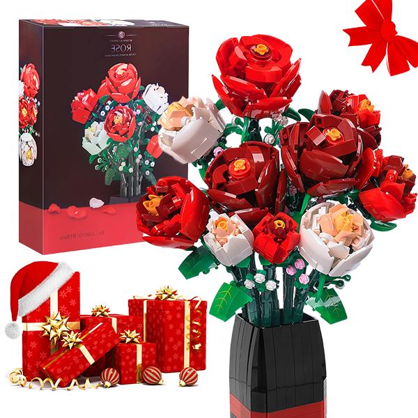 818 PCS Rose Flowers DIY Bouquet Building Set with Vase for Kids and Adults - Christmas, Valentines, Birthdays Gift