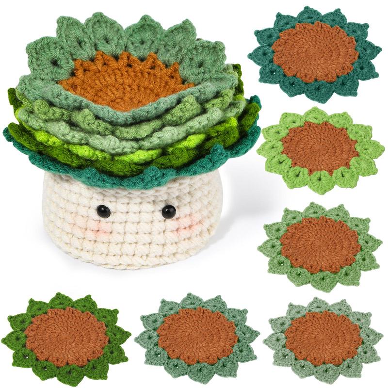 Complete Crochet Set, 7 Counts Multi-color Coasters for Home Decor, Planter Ornament Crochet Starter Kit for Adult Beginners, Great Holiday Birthday Gift