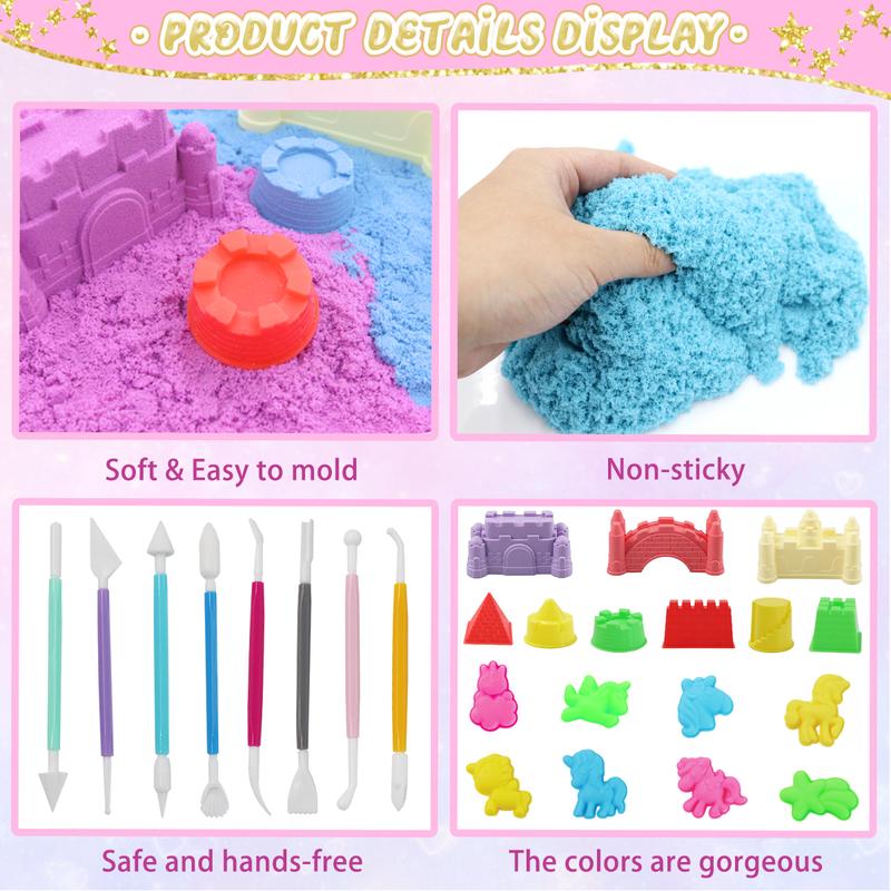 BEIREG Sensory Bin Magic Sand Kit, Unicorn&Construction Theme Toys with  Sandbox, Inculde 3lbs Sand of 4 Color, Castle Sand Molds, Sand Tools, Sensory Toys for Kids Age 4 5 6 7 8 9 Gifts