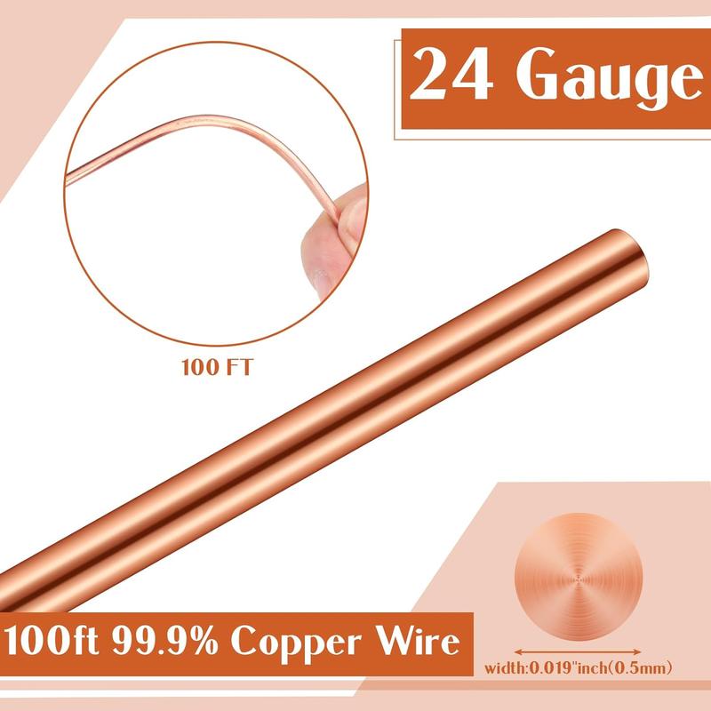 100ft Copper Wire for Gardening, Electroculture, Bonsai, Jewelry Making Beading DIY Craft Pure Bare Copper Wire Spool (24 Gauge, 0.019'' Diameter)