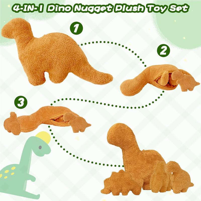 4 Pcs Dino Nugget Pillow Set,Large Chicken Nugget Plush with 3 Small Dinosaur Plush Toys,Dino Stuffed Animal for Birthday Gift Party Favors