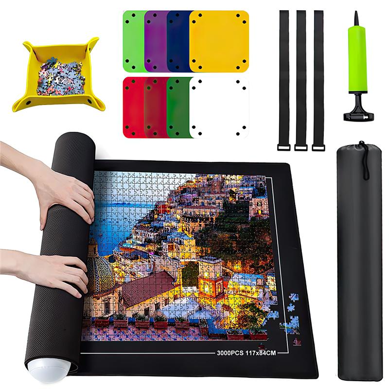 Puzzle Roll Mat Puzzle Storage Saver Mat with 8 Colored Sorting Trays Storage Bag Pump, Jigsaw Felt Mat with Anti-Leak Tube & 3 Elastic Bands, Portable Puzzle Keeper for 3000 1500 Pieces Gift for Christmas