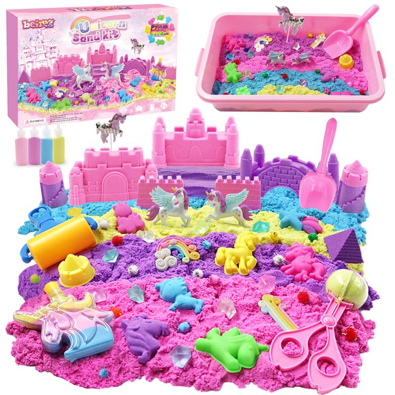 BEIREG Sensory Bin Magic Sand Kit, Unicorn&Construction Theme Toys with  Sandbox, Inculde 3lbs Sand of 4 Color, Castle Sand Molds, Sand Tools, Sensory Toys for Kids Age 4 5 6 7 8 9 Gifts