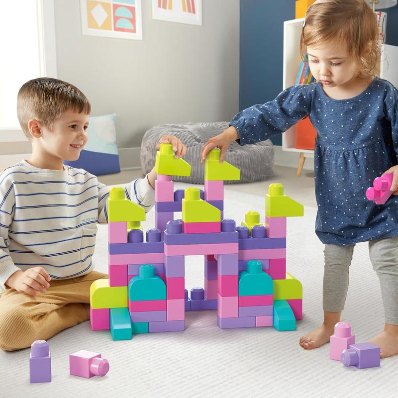 First Builders Toddler Blocks Toys Set, Big Building Bag with 80 Pieces and Storage, Pink, Ages 1+ Years