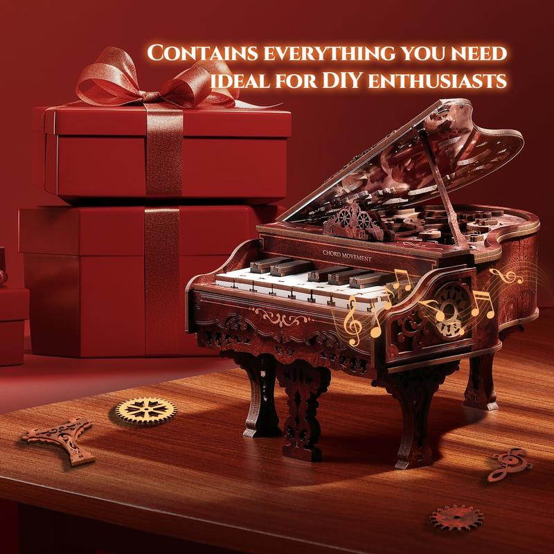 FUNPOLA 3D Puzzle Wooden Mini Piano Model with Gear Mechanics and 8-Tone Melody - Vintage Elegance and Intricate Craftsmanship Unique Ornament Home Decor & Creative Handcraft Playable Christmas gifts