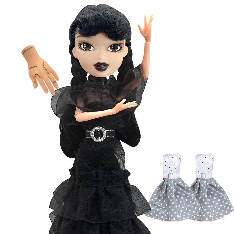 9 inch Black Dress Doll, Black Lip, 2 Dots Dresses, with Thing, wednesday Addams Dolls, Made to Move Dolls, Birthday Gifts for Kids Girls Fans, Holiday Toys