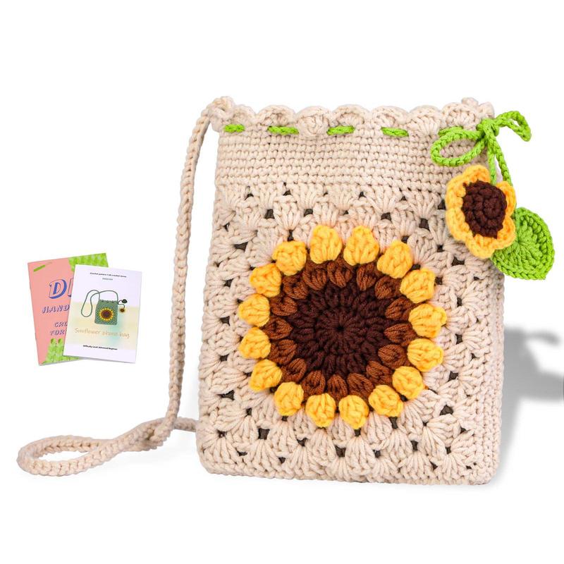 Sunflower Mobile Phone Bag Crochet Kit, Crochet Starter Kit with Step-by-Step Video Tutorials & Complete Accessories, Crochet Starter Kit for Beginners, Suitable for Bag Craft DIY