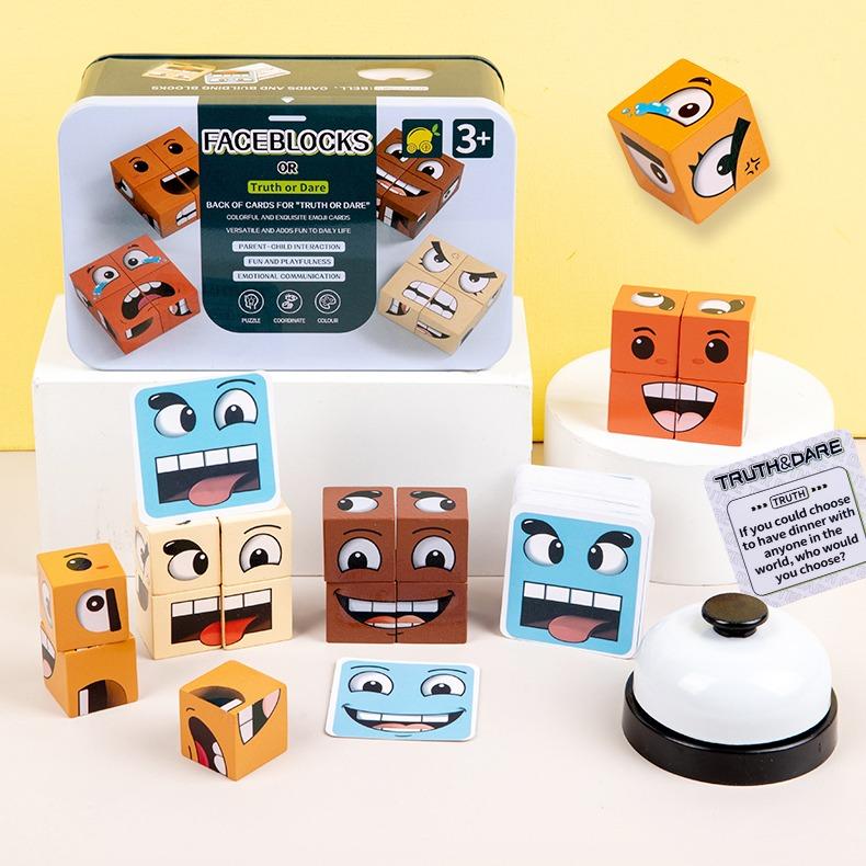 Face-Changing Cube Building Blocks Wooden Expressions Matching Block Puzzle Games  Board Games for Family Night