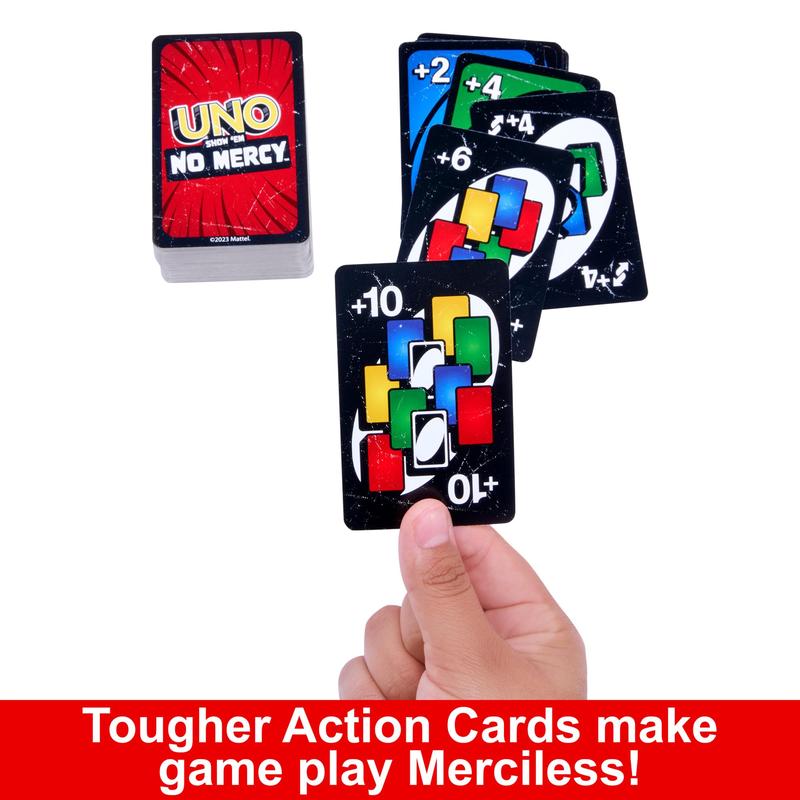 Mattel Games UNO Show ‘em No Mercy Card Game in Storage & Travel Tin for Kids, Adults & Family Night with Extra Cards, Special Rules & Tougher Penalties ( Exclusive)