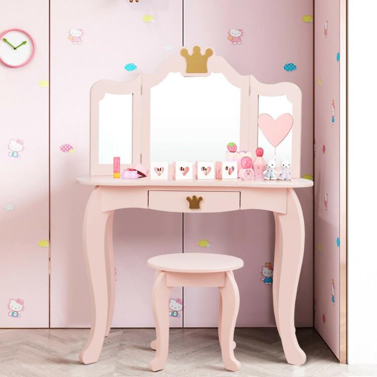 Costzon - Kids Vanity Set, 2 in 1 Wooden Princess Makeup Table and Chair Set with Tri-Folding Detachable Mirror Storage Drawer, Crown Themed Pretend Beauty Dressing Play Toy Gift for Girls, Birthday Gift for Children Girls