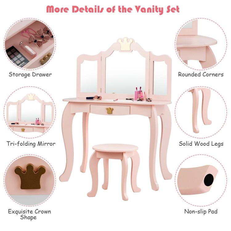 Costzon - Kids Vanity Set, 2 in 1 Wooden Princess Makeup Table and Chair Set with Tri-Folding Detachable Mirror Storage Drawer, Crown Themed Pretend Beauty Dressing Play Toy Gift for Girls, Birthday Gift for Children Girls