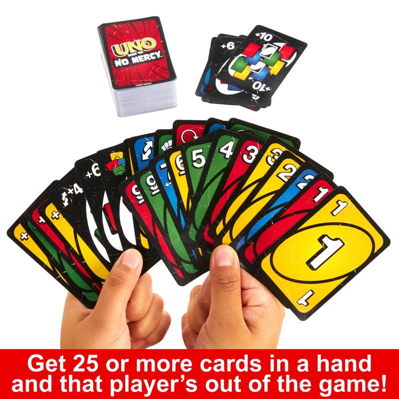 Mattel Games UNO Show ‘em No Mercy Card Game in Storage & Travel Tin for Kids, Adults & Family Night with Extra Cards, Special Rules & Tougher Penalties ( Exclusive)