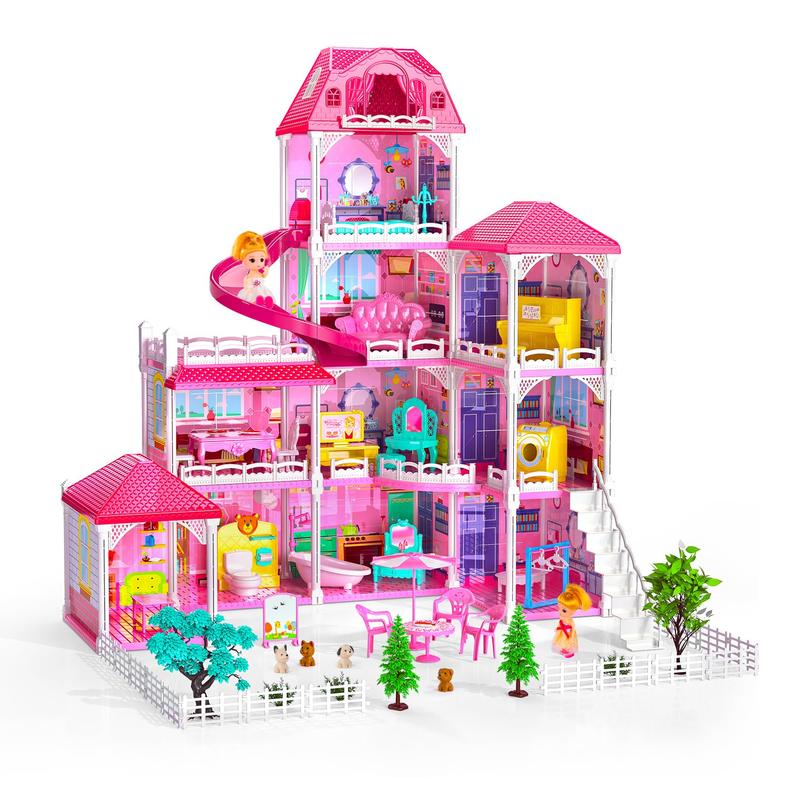 Christmas Gift Luxury DollHouse Pink  Toys - 4 Stories 10 Rooms Dollhouse with 2 Dolls,Slide, Pretend Cottage Toy with Accessories