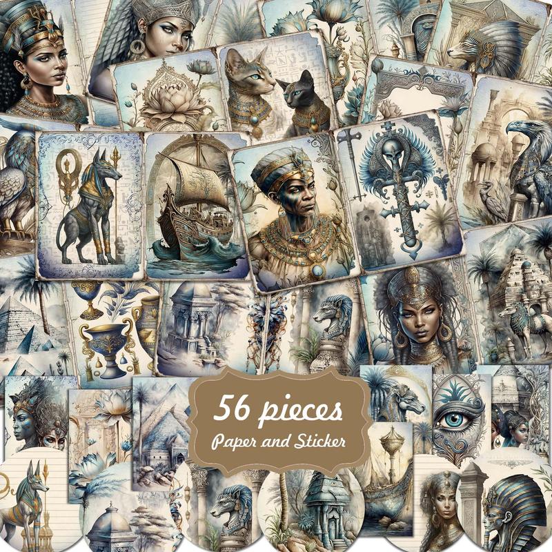 Ancient Egyptian Exploration Theme Paper and Sticker Set, 54pcs set Including 12pcs Material Paper and 42pcs Sticker, Decorative Sticker for Scrapbooking