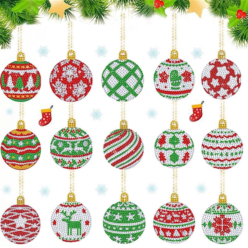 5D DIY Diamond Art Painting Kit, 15pcs set Christmas Ball Pendant Series Diamond Arts Colorful Painting Decorative Keychain, DIY Decorative Pendant