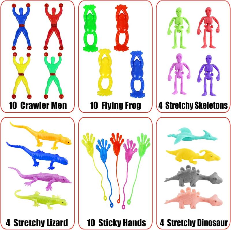 42-Piece Stretchy Sticky Toy Set: Large Hands, Slingshot Animals, Crawlers, Lizards, Skeletons, Flying Frog for Kids Parties