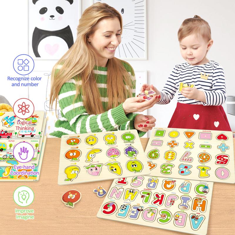 edutree Wooden Peg Puzzles for Toddlers 1 2 3 4, 6 Pack Educational Peg Puzzles Montessori Toys, Learning Puzzles for Kids Girs Boys with Alphabet Number Animal Vehicle Shape