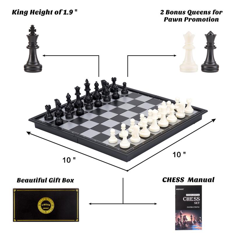 AMEROUS 10 Inches Magnetic Travel Chess Set with Folding Board - 2 Extra Queens - Storage for Pieces - Chess Board Gmaes for Beginner, Kids and Adults