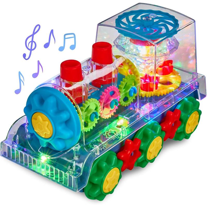 Light-Up Train Toy for Toddlers Transparent Gear Car Toys for Kids Early Music Educational Crawling Toys Flashing Lights and Battery Operated - Birthday for Boys & Girls