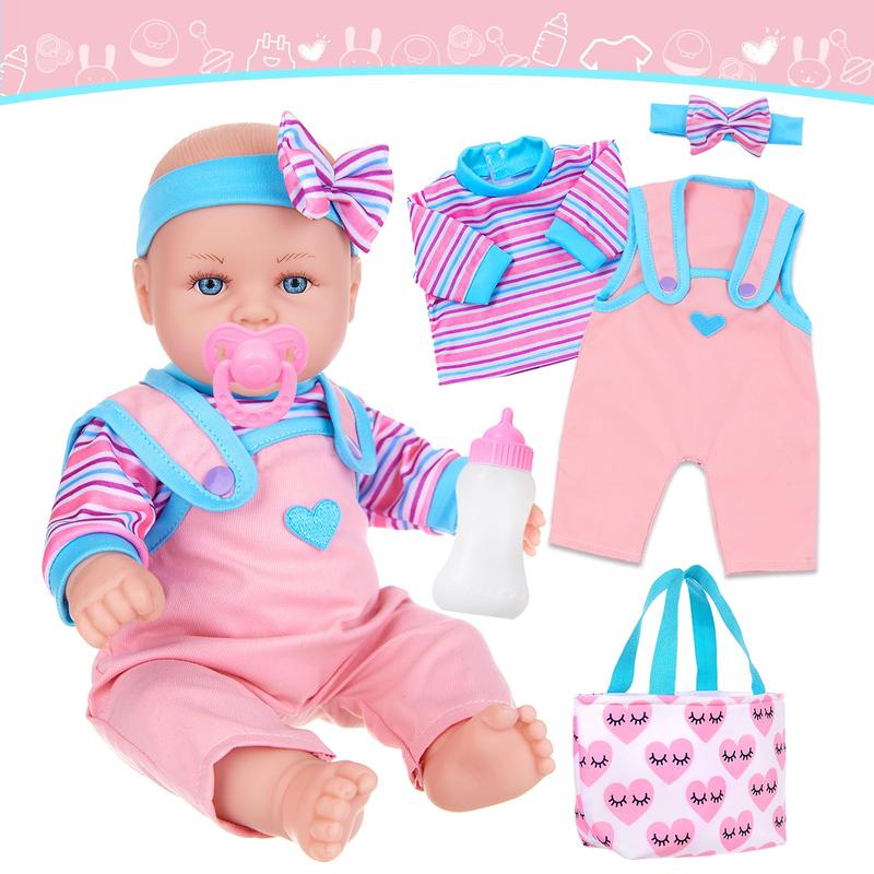 14 Inch Baby Doll & Doll Clothes Accessories Set Newborn Baby Doll Set Real Silicone Soft Doll Including Doll, Clothing, Pacifier, Feeding Bottle, Headband