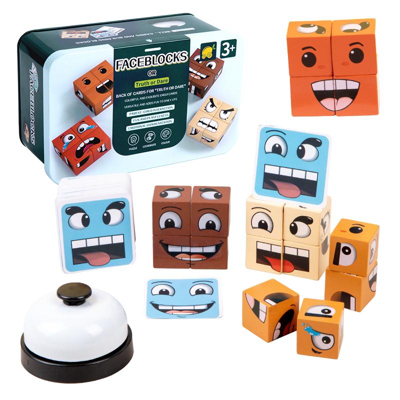 Face-Changing Cube Building Blocks Wooden Expressions Matching Block  Board Games for Family Night Puzzle Games