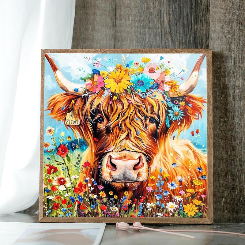 Cow & Flower Pattern DIY Diamond Arts Colorful Painting Kit without Frame, DIY Decorative Art Picture for Beginner, Wall Art Decor for Home Living Room Bedroom