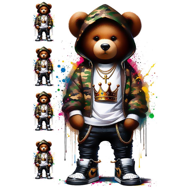 5-Pack or 10-Pack Camouflage Paint Splash Bear DTF Heat Transfer DIY TShirt Printing