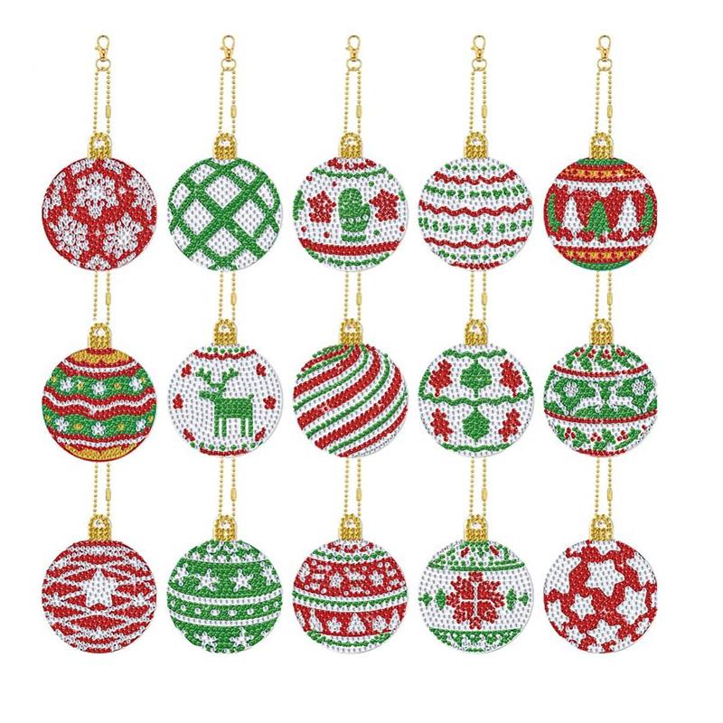 5D DIY Diamond Art Painting Kit, 15pcs set Christmas Ball Pendant Series Diamond Arts Colorful Painting Decorative Keychain, DIY Decorative Pendant