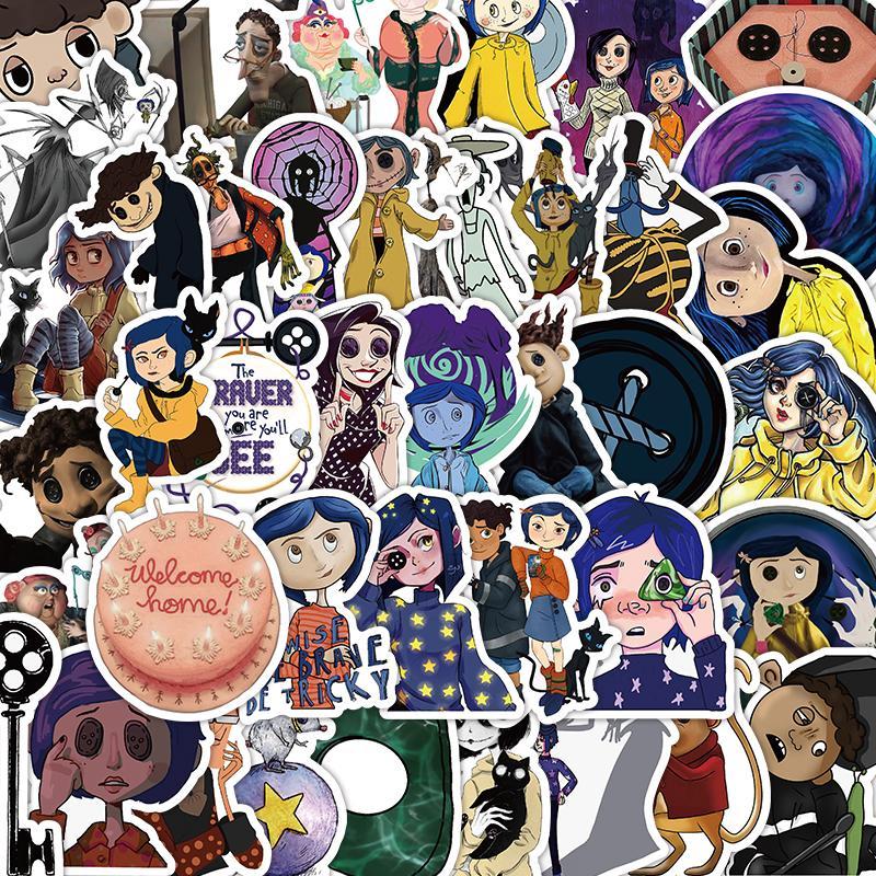 Anime Coraline Graffiti Stickers 53pcs pack Self Adhesive Decorative Stickers, DIY Decals for Water Bottle, Phone Case, Scrapbooking, Journal Making