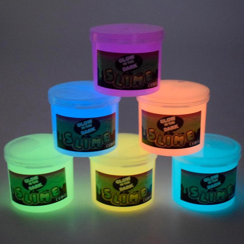 Glow in The Dark Slime Kit 6 Pack, Neon Blue, Green, Pink, Yellow Colors, Non Sticky, Glowing Galaxy Slime Kit for Kids, Kids Party Favors, Goody Bag Fillers, Stress Relief Toys, Holiday Supplies