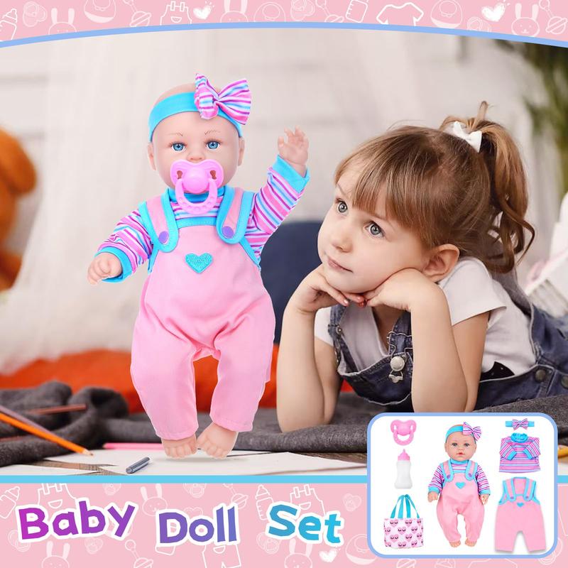 14 Inch Baby Doll & Doll Clothes Accessories Set Newborn Baby Doll Set Real Silicone Soft Doll Including Doll, Clothing, Pacifier, Feeding Bottle, Headband