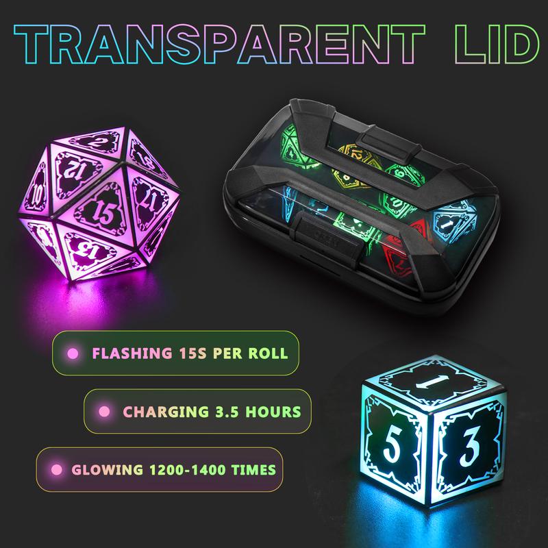 Wireless Light Up Dice Set D&D RGB Cool LED DND Dice with Charging Box Rechargeable 7 Color Polyhedral Role Playing Dice for DND Gifts RPG