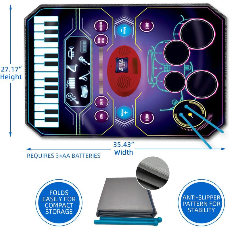 2 in 1 Kids Music Learning Toys for Boys Girls, Drum Set + Piano Mat | Record & Playback, Built-in Songs, 8 Instrument Sounds, 24 Keys, Christmas Birthday Gifts for Toddler 3 4 5 6 7 8 Years