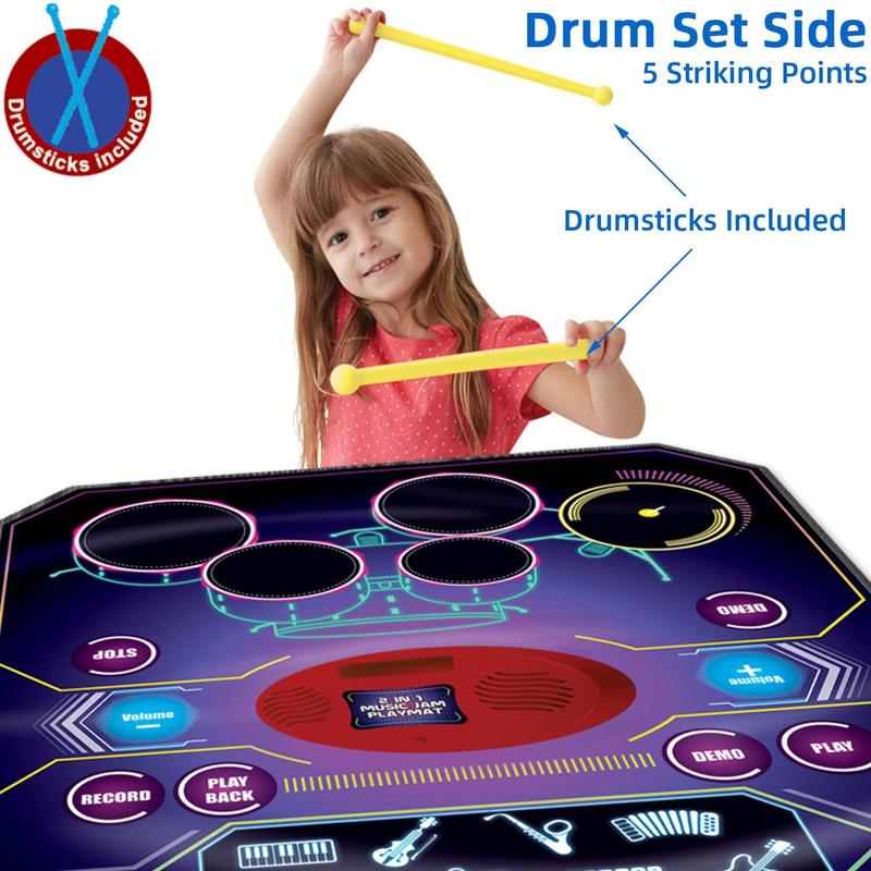 2 in 1 Kids Music Learning Toys for Boys Girls, Drum Set + Piano Mat | Record & Playback, Built-in Songs, 8 Instrument Sounds, 24 Keys, Christmas Birthday Gifts for Toddler 3 4 5 6 7 8 Years