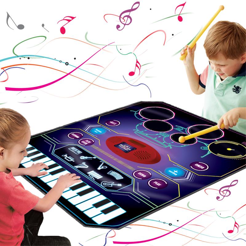 2 in 1 Kids Music Learning Toys for Boys Girls, Drum Set + Piano Mat | Record & Playback, Built-in Songs, 8 Instrument Sounds, 24 Keys, Christmas Birthday Gifts for Toddler 3 4 5 6 7 8 Years