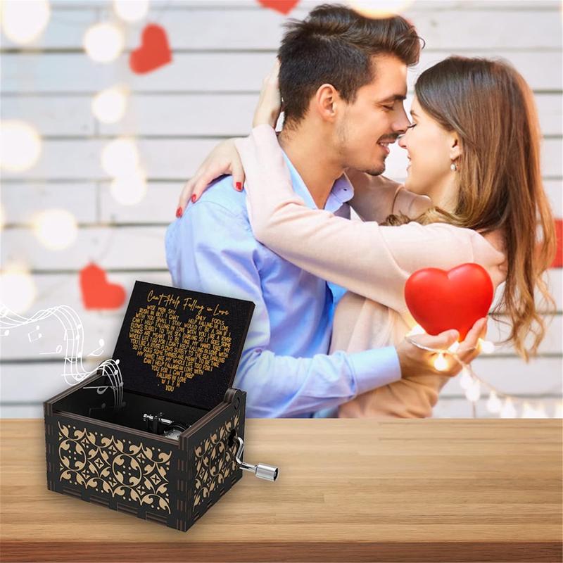 Can’t Help Falling in Love Music Box Black Hand Crank Vintage Wood Carved Musical Box Gifts for Lover, Boyfriend Girlfriend Husband Wife Lovers on Birthday Valentine's Day Anniversary