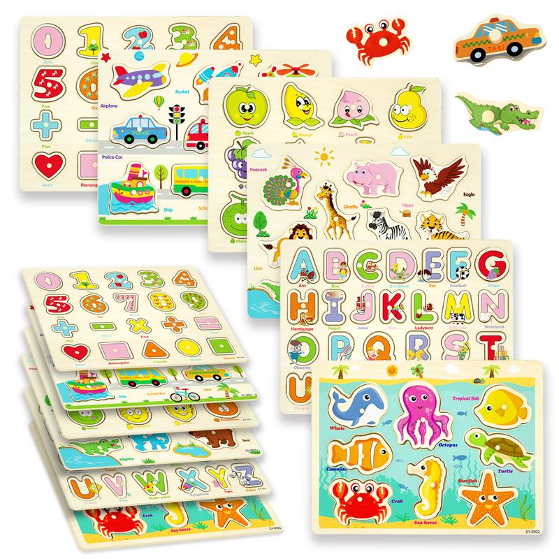 edutree Wooden Peg Puzzles for Toddlers 1 2 3 4, 6 Pack Educational Peg Puzzles Montessori Toys, Learning Puzzles for Kids Girs Boys with Alphabet Number Animal Vehicle Shape