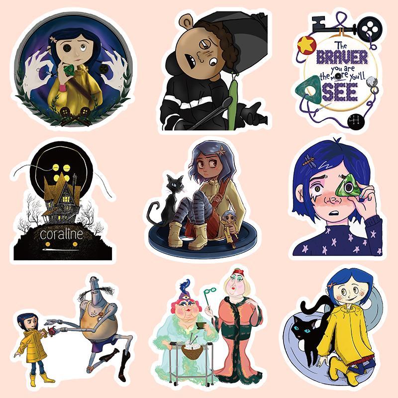 Anime Coraline Graffiti Stickers 53pcs pack Self Adhesive Decorative Stickers, DIY Decals for Water Bottle, Phone Case, Scrapbooking, Journal Making