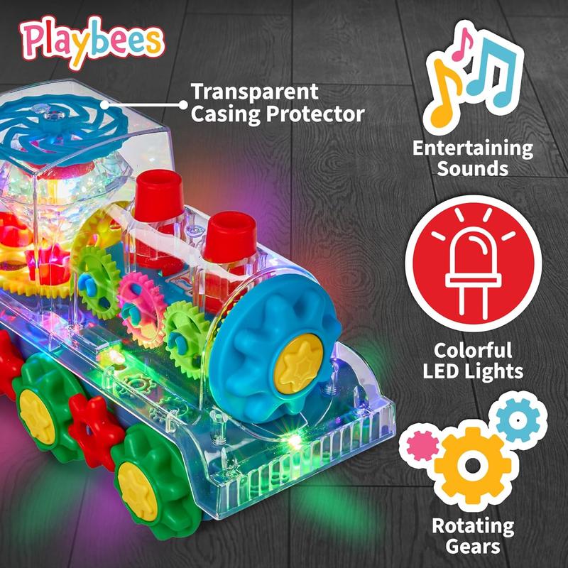 Light-Up Train Toy for Toddlers Transparent Gear Car Toys for Kids Early Music Educational Crawling Toys Flashing Lights and Battery Operated - Birthday for Boys & Girls