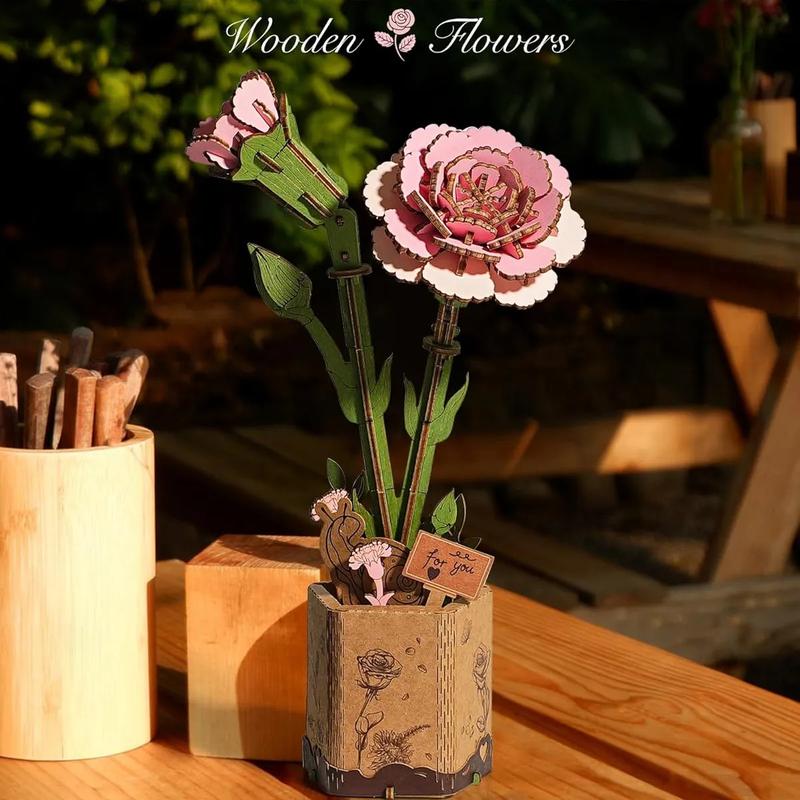 Robotime 3D Flower Wooden Puzzles for Adults-Pink Carnation, DIY Wooden Flowers Model Kit Building Set Crafts for Adults to Build, Botanical Collection Ideal Creative Gift Ideas Housewarming (124PCS) TW051 Pink Carnation