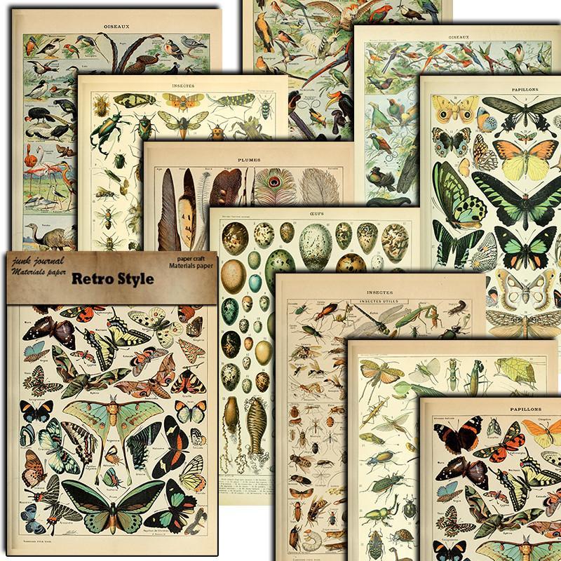 10pcs Insect Pattern Material Paper, Retro Handbook Background Paper, DIY Decorative Supplies For Scrapbooking & Journal Making And Gift Wrapping