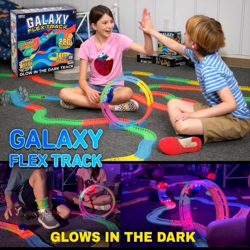 World Tech Toys Galaxy Flex Track | 220 Piece Glow in The Dark Flexible Racetrack and LED Light Up Car | Educational Building Toy | For Kids 3 Plus