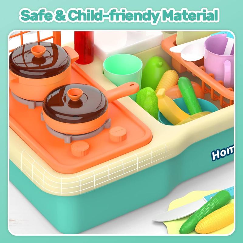 CUTE STONE Kitchen Sink Toys with Running Water, Play Sink with Upgraded Electric Faucet, Play Cooking Stove, Pot and Pan W Spray Realistic Light & Sound, Kitchen Role Play Dishwasher Toys Learning toys toys ink toy magic