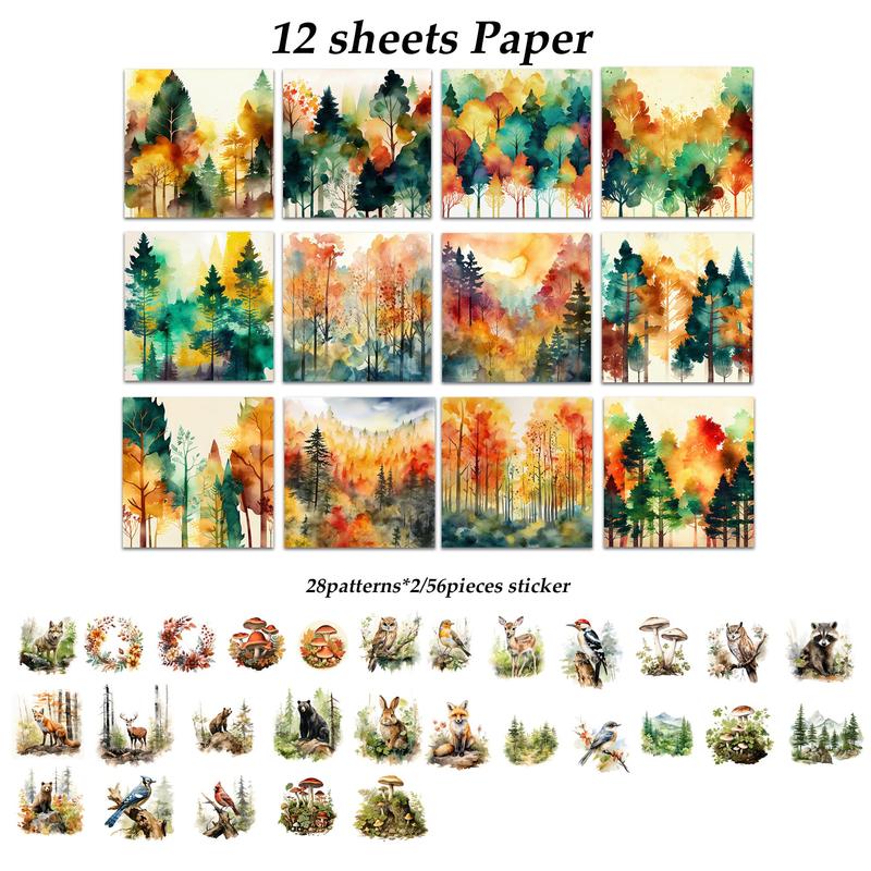 Watercolor Forest Pattern Decorative Paper & Sticker Set, 68pcs set Writable Decorative Paper & Sticker for Arts Crafts, Scrapbooking and Junk Journal