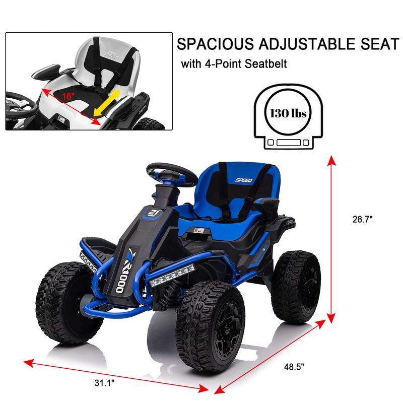 24V Battery Powered Car, 4WD Electric Go Kart with 4x75W Powerful Motors 4x4 Ride On UTV for Big Kids w Parent Remote 4 Wheeler Quad with Rubber-Plastic Polymerized EVA Tires Bluetooth, Blue