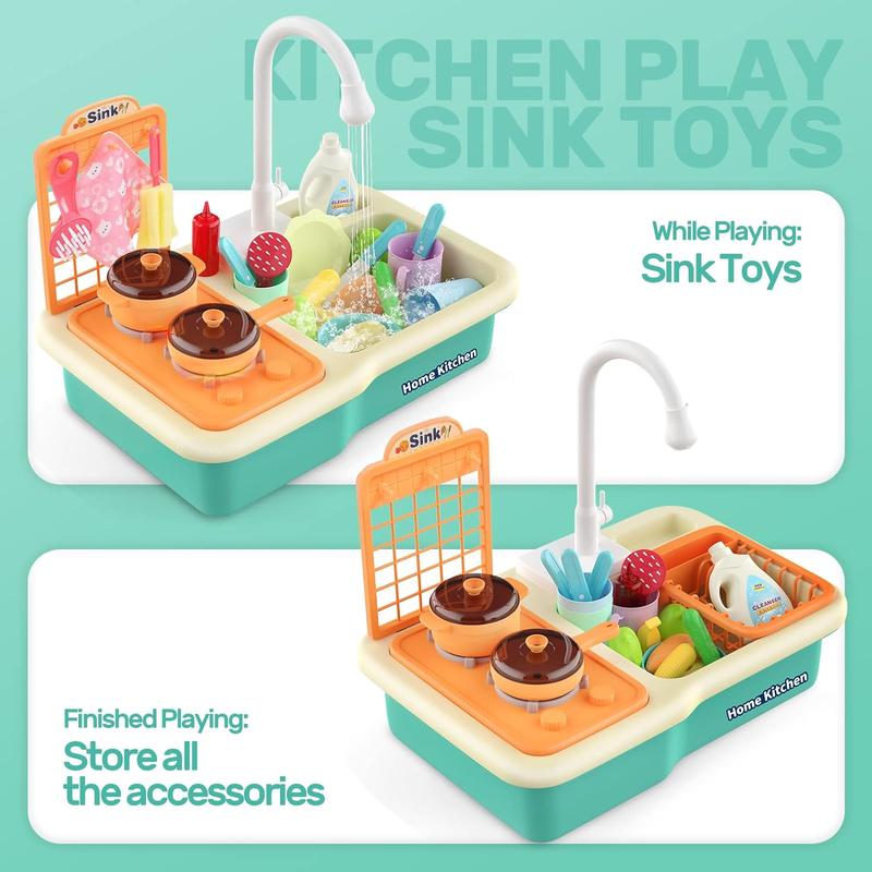 CUTE STONE Kitchen Sink Toys with Running Water, Play Sink with Upgraded Electric Faucet, Play Cooking Stove, Pot and Pan W Spray Realistic Light & Sound, Kitchen Role Play Dishwasher Toys Learning toys toys ink toy magic